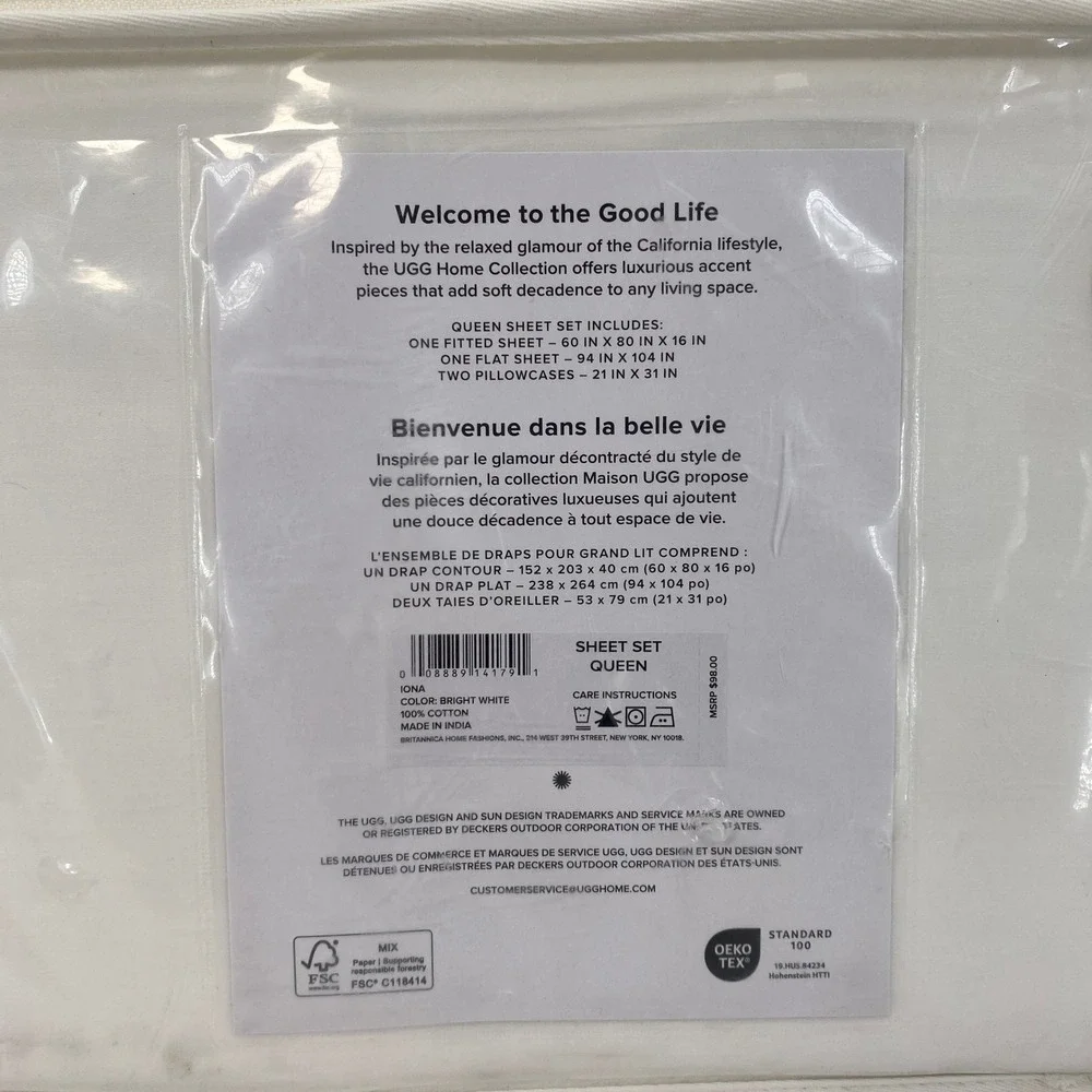 UGG Iona Sheet Set Queen Bright White 100% Cotton 300 Thread Count Minimalist